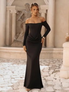 Elegant Women's Black Long Sleeve Off-Shoulder Formal Dress, Ruched Waist Design, Perfect For Evening Parties And Events,  Made Of Medium Stretch - Black - View 1