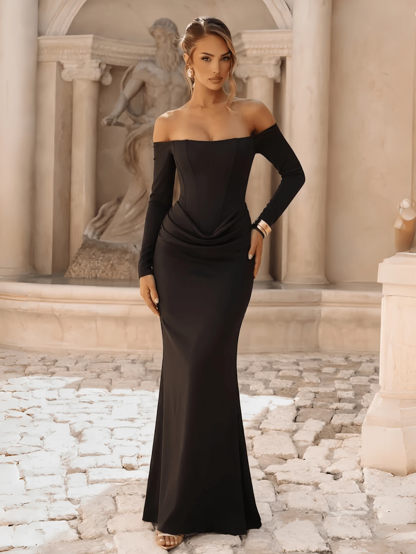 Elegant Women's Black Long Sleeve Off-Shoulder Formal Dress, Ruched Waist Design, Perfect For Evening Parties And Events,  Made Of Medium Stretch - Black - View 1