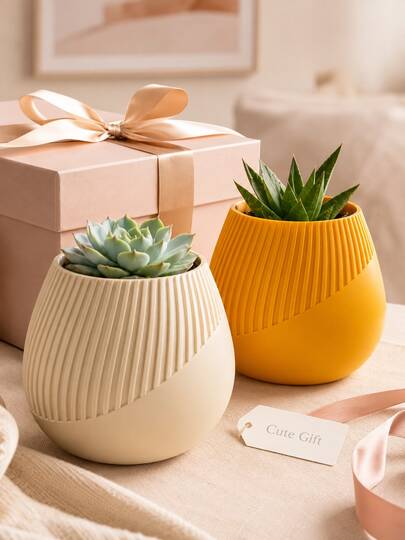 1pc Geometric Planter Pot, Modern Round Flower Pot With Textured Ribbed Design, Decorative Succulent Plant Container For Indoor Plants, Small Houseplant Pot For Desk Office Bedroom Living Room Decor, Minimalist Home Garden Accessories Gift