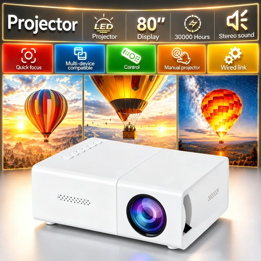 Proyector portátil, compatible con 1080P, alimentación USB, altavoz estéreo incorporado, corrección de trapecio, con control remoto, compatible con múltiples dispositivos, proyector de cine para hogar, camping al aire libre, mejora tu experiencia de cine, TV y juegos