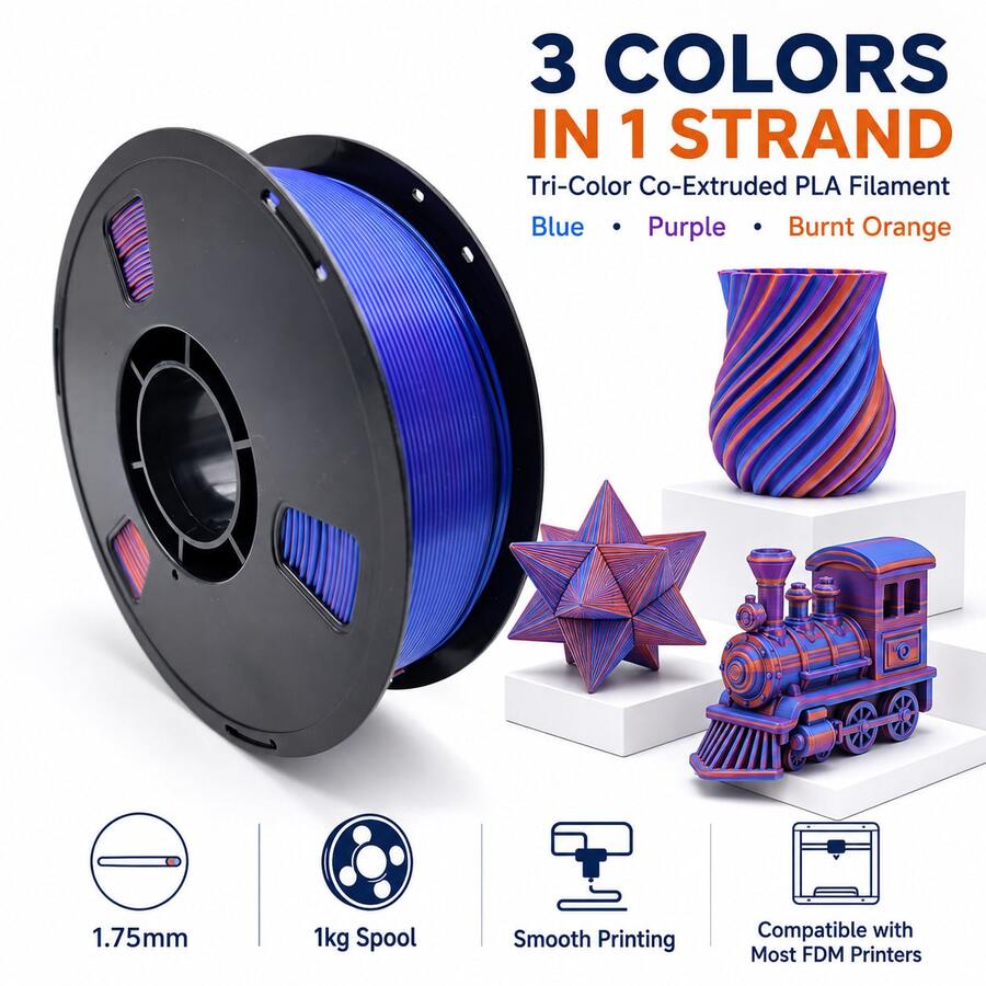 DIY Tri-Color 1kg/2.2lbs 3D Printing Filament Multi-Color 1.75mm +/- 0.02 Mm,Printer Color Changing Multicolor FDM Printers Glossy Bright Tougher Stronger, Neatly Wound Spool Tools Material For Bambu Lab Etc. - View 1