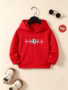 BrownBark Young Boy Spring/Autumn Versatile Long Sleeve Hooded Sweatshirt, Fashionable Football Heartbeat Print Design, Casual Comfortable Versatile, Suitable For Daily Wear, School, Sports, Boys Sweatshirt, Boys Clothing - Red - View 2
