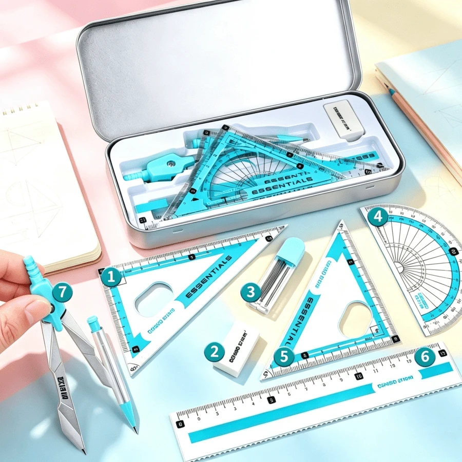 7-Piece Math Geometry Compass Set With Metal Storage Box, Precision Measurement Stationery Kit, School Supplies And Office Accessories, Suitable For School Projects And Classroom Activities, Back To School Student Essential, Ideal Gift For Saudi National Day, Halloween, Christmas