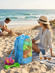 3pcs Colorful Foldable Shell-Shaped Storage Bags, Adjustable Mesh Beach Bags, Suitable For Picnic, Beach, Camping, Durable Fabric, Multi-Compartment Camping Gear Storage Bags, Eye-Catching Shell Design, Adjustable Shoulder Strap Beach Tote Bags - Multicolor - View 3