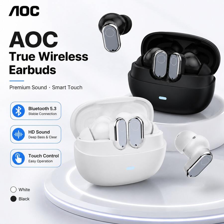 AOC ACT1531 True Wireless ANC Earbuds 1 Set, Peredam Kebisingan Aktif, Sinkronisasi Audio Latensi Rendah, Stereo Bass Dalam, Ringan dan Nyaman Dipakai, Cocok untuk Olahraga, Perjalanan, Kantor, dan Belajar, Kompatibel dengan Smartphone, Tablet, dan Laptop
