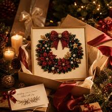 Christmas Wreath DIY Diamond Painting Craft Kit, Red Bow And Christmas Floral Pattern, Creative Diamond Art Educational Handmade Craft, Suitable For Adult-Child Interaction, Holiday Home Decor, Desktop Ornament And Christmas Gift, Exquisite Sparkling Diamond Art Gift - Multicolor - View 5
