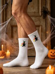 1/5/10 Pairs Men's Halloween Themed Crew Socks, Ghost Pumpkin Witch Black Cat Pattern Ribbed Casual Mid-Calf Socks, Fun Holiday Party Socks Suitable For Daily Wear - Multicolor - View 8