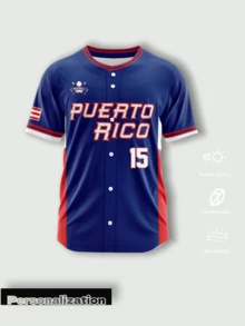 Custom Puerto Rico Theme Baseball Button-Up Jersey, Deep Blue Base With Red And White Contrast Design, Customizable Content On Front And Back, Free To Change Player Name And Jersey Number, Customizable Team Logo, Comfortable And Soft Fabric, Suitable For Baseball Competitive Matches, Team Training, Also Suitable For Street Casual, Fan Gatherings, 2026 Baseball - Blue - View 2