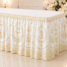 Baptism Table Skirt, White And Gold Cross Theme Polyester Tablecloth With Roses, Pearls And Elegant Religious Patterns, Baby Baptism Ceremony Celebration Decoration - A - View 8