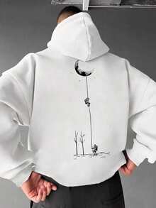 Sweatshirt Berkerudung Pria Motif Garis Minimalis Astronot Pendaki Bulan Musim Gugur/Dingin - Putih - View 1