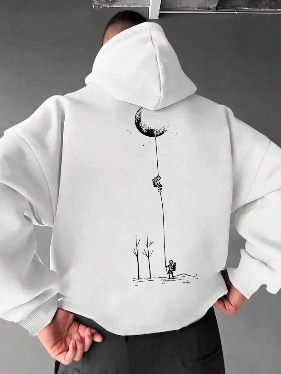 Sweatshirt Berkerudung Pria Motif Garis Minimalis Astronot Pendaki Bulan Musim Gugur/Dingin - Putih - View 1