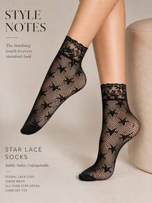 Star Pattern Sheer Lace Mid-Calf Socks With Fan-Shaped Trim See-Through Mesh Women's Socks - A - View 3