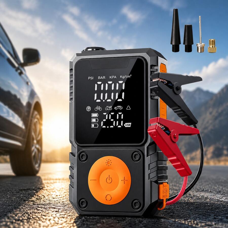 150PSI Portable Air Pump Car Tire Inflator Car Jump Starter With Tire Pressure Gauge And LED Display 3X Speed One-Touch Smart Wireless Air Pump - A - View 1