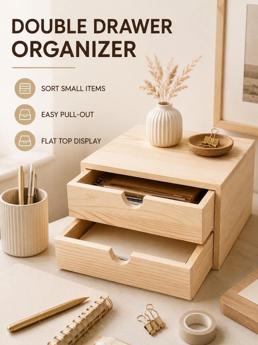 1/2pcs Minimalist Wood Grain Rectangular Natural Wood Color Double-Layer Drawer Desktop Storage Box With Semi-Circular Handle Detail, Suitable For Stationery, Jewelry, Notes, Documents, Cards, Small Items Organization, Office, Study, Bedroom, Dorm, Back To School, New Home Gift, Crescent-Shaped Handle Double Drawer Multi-Functional Desktop Layered Storage Pine Wood Drawer Storage Box Home Vanity - View 1