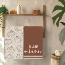 2件裝復古棕色咖啡 Hello Autumn 極簡線條南瓜圖案廚房毛巾，40*60cm 柔軟超細纖維材質茶巾，適用於居家廚房、餐廳、戶外露營桌面清潔抹布、手巾配件，復古秋季主題廚房毛巾節日禮物 - 彩色 - 查看 11