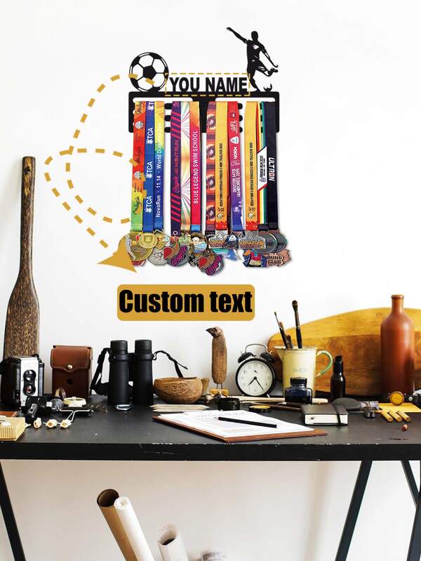 1pc Personalized Metal Football Medal Display Rack With Player Silhouette - Multi-Functional Hanging Decor For Christmas, Summer, Autumn, Winter - 12-Bar Display Stand, Suitable For Various Occasions, Customized Name Medal Rack, Creative Decoration, Home Decor, Wall Art Decoration, Outdoor Sports Wall Decor