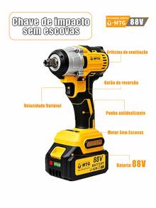 Kit Chave de Impacto Parafusadeira Sem Fio MTG 21V Brushless 1/2" 500 N.m, com 2 Baterias, Carregador e Maleta - Amarelo - Visão 3