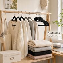 50/40/30/20/10/1pc Beige Flocked Flocked Hangers, Non-Slip No-Shoulder-Mark Hangers With 360° Metal Hook, Slim Space-Saving Closet Storage Organizer - Multicolor - View 3
