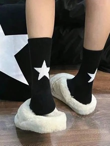 Kaos Kaki Wanita Bergaris Motif Bintang, Gaya Jalanan Warna Kontras Hitam Putih - A - View 4