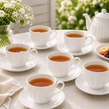 Porcelain Tea Cups And Saucers Set Of 6 White 180ml Tea Set With Gift Box - White - View 4