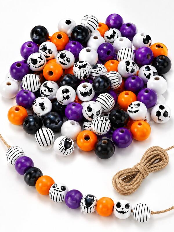 65PCS Halloween Wooden Beads Set, Includes 10m Jute Rope, Featuring Skull And Spider Pattern Wooden Beads, Suitable For DIY Wreaths, Bracelets, Party Decorations, Home Decor And Handicrafts