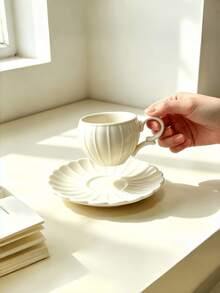 1/6pcs 90ml Vintage Embossed Pumpkin Ceramic Cup & Saucer Set, Cream White Aesthetic Coffee Cups, Home Breakfast Tableware - White - View 9