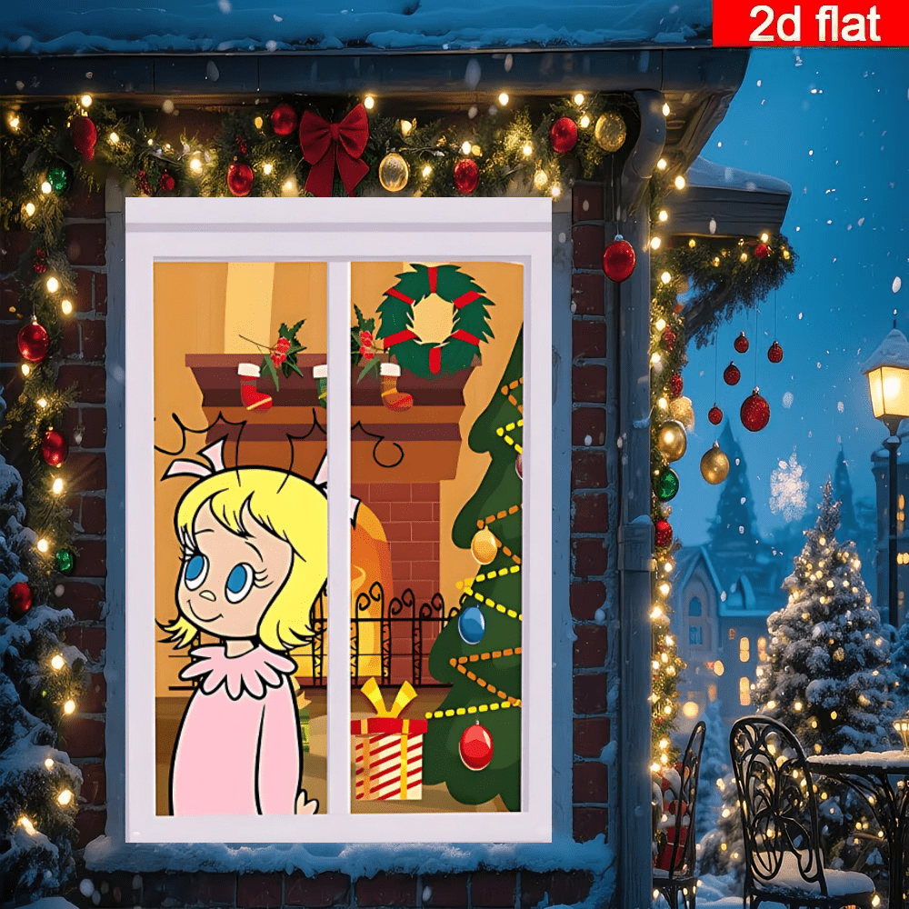 2D Flat Cartoon Christmas Girl Window Backdrop, Cartoon Girl With White Bow Standing By Fireplace, Paired With Christmas Stockings And Christmas Tree Decor, Warm Yellow Lighting Creating Cozy Atmosphere, Suitable For Christmas Party, Holiday Gathering, Wall Decor, Photography Background, Polyester Material Durable And Odorless, Fits Indoor And Outdoor Multiple Scenes, Easily Create Fairy Tale Christmas Scene, No Power Needed To Create Rich Holiday Atmosphere, Add Dreamy Childhood Charm To Christmas Themed Events, Ideal Christmas Decoration