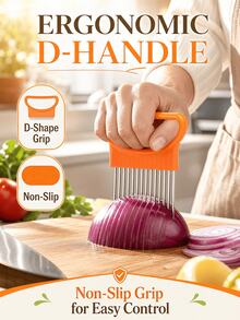 SMEG is gems Vegetable Slicing Holder & Meat Tenderizer Tool, Stainless Steel Fork Tines Onion Slicing Aid With Curved Handle, Handheld Food Fixing Tool For Onion, Tomato, Lemon Cutting & Meat Marinating, Compact Kitchen Gadget With Protective Cover, Dishwasher - View 4