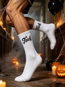 1/5/10 Pairs Men's Halloween Themed Crew Socks, Ghost Pumpkin Witch Black Cat Pattern Ribbed Casual Mid-Calf Socks, Fun Holiday Party Socks Suitable For Daily Wear - Multicolor - View 3