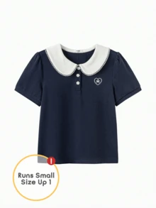 Balabala Girls Summer Short Sleeve Peter Pan Collar Fashion T-Shirt Teen Top - Dark Blue - View 2