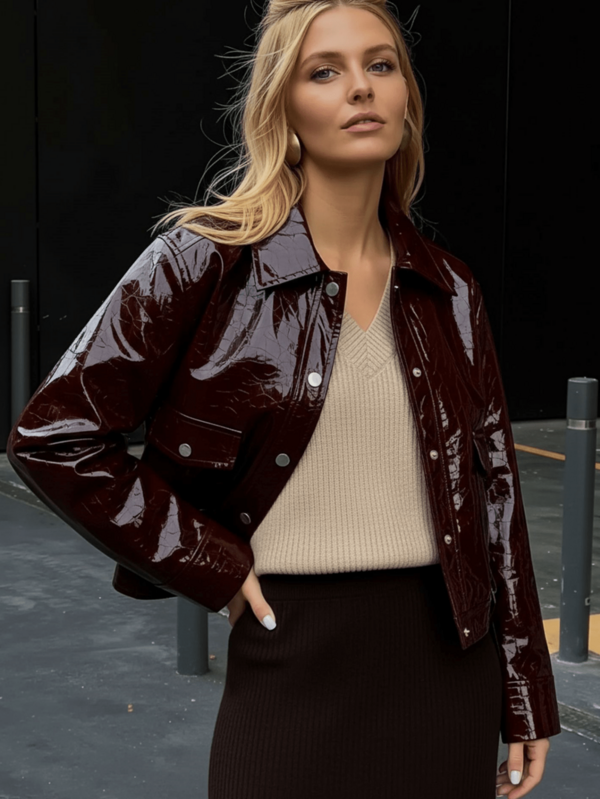 Spring & Autumn Sweet Fresh PU Leather Shiny Short Jacket, Retro Collar Design, Practical Pockets