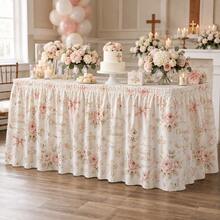 Elegant Baby Baptism Table Skirt, Pink Floral Baptism Party Polyester Tablecloth, Printed With Rose, Cross, Bowknot And Heart Patterns, Luxurious Baby Blessing Decoration, Suitable For Dessert Table And Baptism Celebration - A - View 4