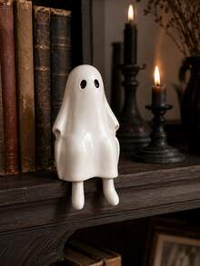 1pc Halloween Sitting Ghost Statue, Adorable White Ghost With Hanging Legs, Cute Spooky Resin Decoration For Fireplace Mantel, Coffee Table, Bookshelf, Kitchen Counter And Autumn Home Decor - Classic - View 6