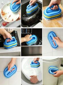 Ergonomic Handheld Sponge Brush, Dual-Color Design, Multi-Function Manual Cleaning Brush, Suitable For Bathtub, Kitchen, Bathroom, Can Clean Tiles, Cookware And Stains, Bathroom Accessories, Kitchen Accessories Cleaning - Sponge Scrubber With Handle - View 9