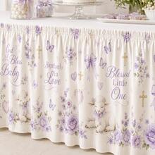 Taplak Meja Baptisan Bayi, Taplak Meja Poliester Motif Bunga Putih dan Ungu dengan Pola Salib, Domba, Kupu-kupu, Mawar, dan Pita, Dekorasi Pesta Baptisan Bayi Berkah Tuhan - A - View 10