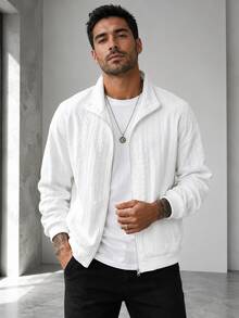 1pc Men's Jacket, 3D Cable Knit Texture, Stand Collar Full Zip Front, Ribbed Cuffs And Hem, Soft Lightweight Knit Fabric, Soft Yet Structured, Resistant To Deformation, Old Money Minimalist Casual Style, Suitable For Spring/Autumn Commute, Shopping, Travel - White - View 2