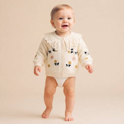 1pc Baby Girls Flower Embroidered Ruffle Collar Cardigan Sweater For Baby Girls, Warm Autumn/Winter