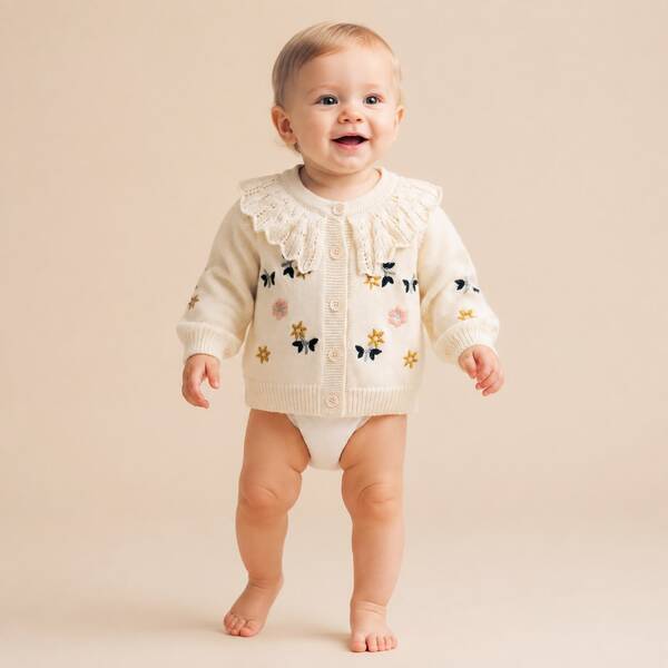 1pc Baby Girls Flower Embroidered Ruffle Collar Cardigan Sweater For Baby Girls, Warm Autumn/Winter
