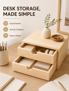 1/2pcs Minimalist Wood Grain Rectangular Natural Wood Color Double-Layer Drawer Desktop Storage Box With Semi-Circular Handle Detail, Suitable For Stationery, Jewelry, Notes, Documents, Cards, Small Items Organization, Office, Study, Bedroom, Dorm, Back To School, New Home Gift, Crescent-Shaped Handle Double Drawer Multi-Functional Desktop Layered Storage Pine Wood Drawer Storage Box Home Vanity - View 4