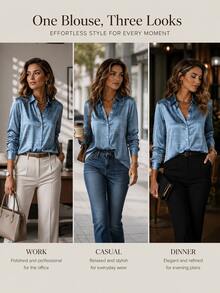 (Free Shipping)Women Fall Blue Silky Satin Long Sleeve Shirt; Elegant Loose Office Casual Blouse Top;Teacher Outfit For Women;Fall Clothes For Women - 多色4 - 查看 5