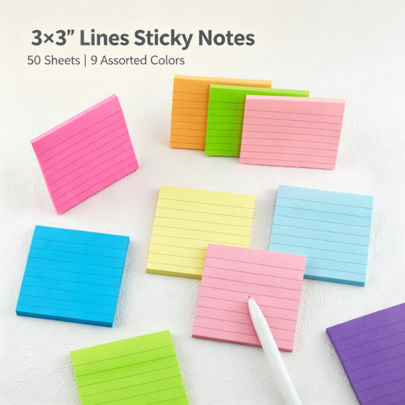 Lined Sticky Notes, 3x3 Inch, 50 Sheets Per Pad, Self-Adhesive, Vibrant Assorted Colors, 6/12 Pads Set For Office, School, Study, Daily Planners & To-Do Lists