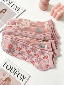 5 Pairs Floral Print Ruffle Mid-Calf Socks Black & White Mixed Pattern Women's Socks Set - B - View 8