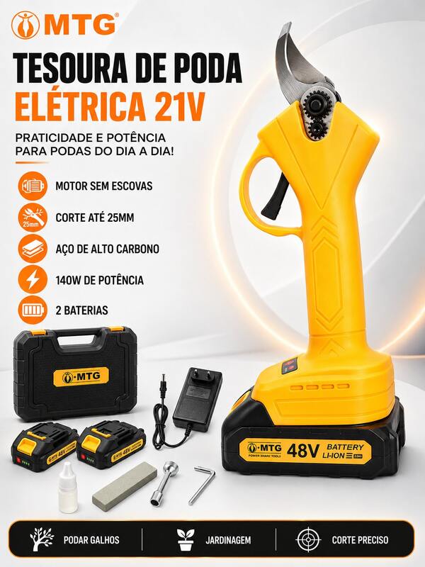 Kit Tesoura de Poda Elétrica Sem Fio MTG 21V Brushless 140W, Corte até 25mm, com 2 Baterias Recarregáveis, Maleta e Acessórios, Podador de Galhos para Jardim e Pomar