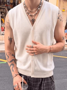 ANDREILEE Men's Unisex Knitted Vest Street Casual Solid Color V-Neck Button-Up Sleeveless Cardigan Spring/Summer - Beige - View 2