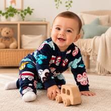 Children's Fleece Jumpsuit With Navy Blue Car Print And Front Zipper Opening - Navy Blue - View 1