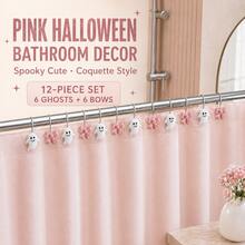 12Pcs Pink Bow & White Ghost Shower Curtain Hooks, Cute Halloween Decorative Shower Curtain Rings, Metal Bathroom Accessories For Fall Home Decor - Multicolor - View 1