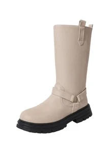 Women's Round Toe Fashion White Mid-Calf Boots, Solid Color Casual Microfiber Leather Outdoor Winter Autumn - Beige - View 9
