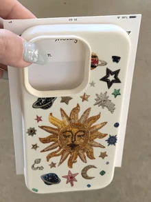 1pc White Beaded Sun Star Moon Personalized Minimalist Anti-Drop Soft TPU Fashion Phone Case Full Coverage Anti-Stain Protective Shell Compatible With Apple 18 17 16 15 14 13 12 11 Pro Max Air And Series - Multicolor - View 1