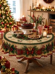 1pc Christmas Party Tablecloth, Reindeer, Holly, Bow Pattern, Rectangular And Round Optional, Pine Branch And Snowflake Print Polyester Tablecloth, Suitable For Holiday Dining Room, Christmas Party, Winter Home Decor - Multicolor - View 2