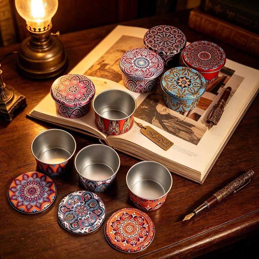HIZTGHC 6 buah Stoples Lilin Dekoratif Motif Mandala, Tempat Lilin Logam Berbentuk Cangkir dengan Tutup, Wadah Dekorasi Meja Kamar Tidur dan Ruang Makan Gaya Bohemian Vintage